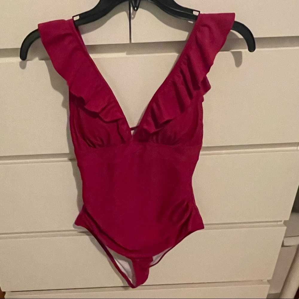 Ruffle V-Neck One-Piece Swimsuit in Magenta